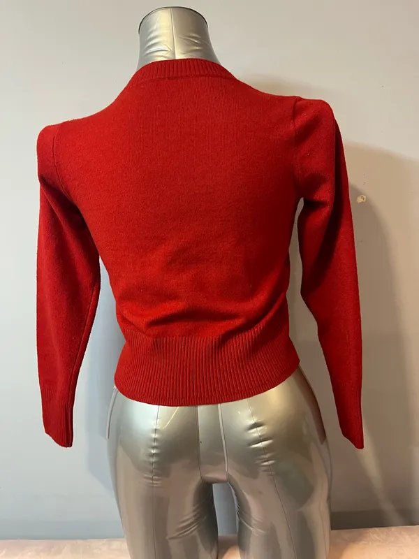 Título: Red Cropped Knit Sweater Crewneck Long Sleeve Size S - Image 4