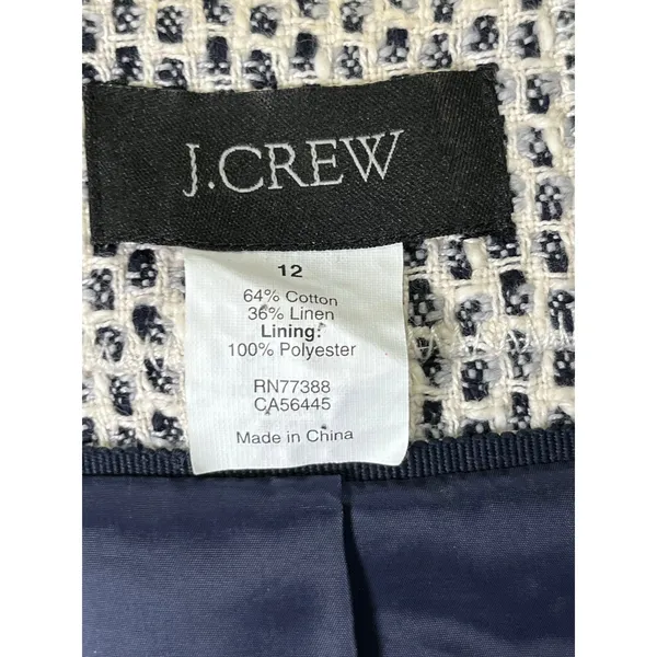 J. Crew Terrazo Tweed Jacket Navy White Linen Blend Chain Fringe Trim 12 Career - Image 5