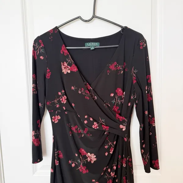Lauren Ralph Lauren Womens Dark Floral Midi Dress Size 8 Ruched Stretch Comfort - Image 2