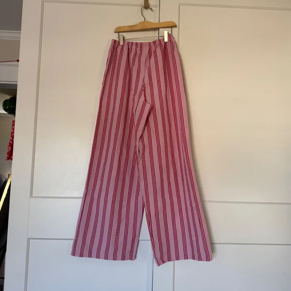 M&S Marks & Spencer Pink Red Striped Cotton Drawstring Pants Wide Leg US 6 - Image 3