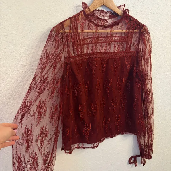 Tularosa Sheer Lace Top M Romantic Victorian Coquette Whimsigoth Ruffle Burgundy - Image 3