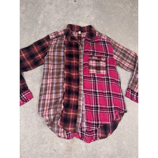 Anthropologie Pilcro Mixed Patchwork Flannel Buttondown Shirt Pink S Oversized - Image 4