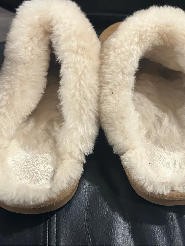 BearPaw Chestnut Suede Shearling Clog Slippers with Cream Cuff please see stain - Image 2