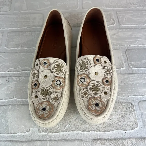 COACH Tea Rose Crosby Loafer Driver Flats Womens 8 Chalk Leather Floral Applique - Image 9