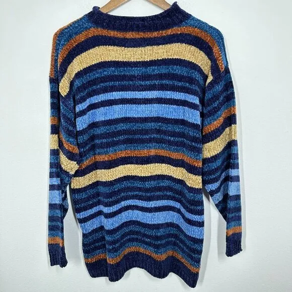 Vintage Chenille Blue‎ Gold Striped Mockneck Sweater 90s Size Medium - Image 2