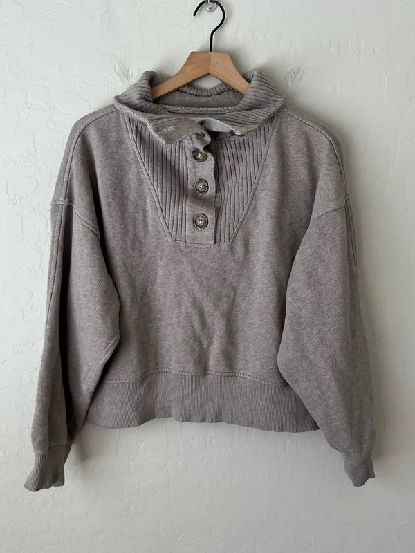Aerie Best Button Sweatshirt Oversized Pullover Heathered Taupe Size Small - Image 2