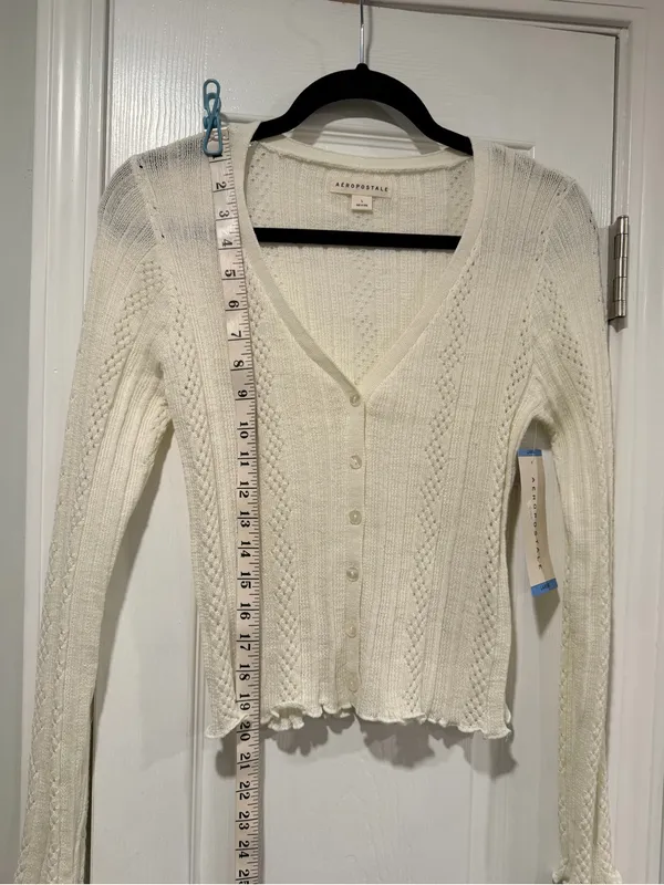 NWT Aeropostale Size L Ivory Pointelle Knit Cropped Stretch Lace Cardigan Y2K - Image 7