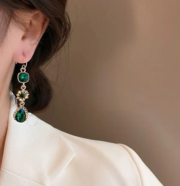 Elegant green crystal long dangle drop earrings for women - Image 4