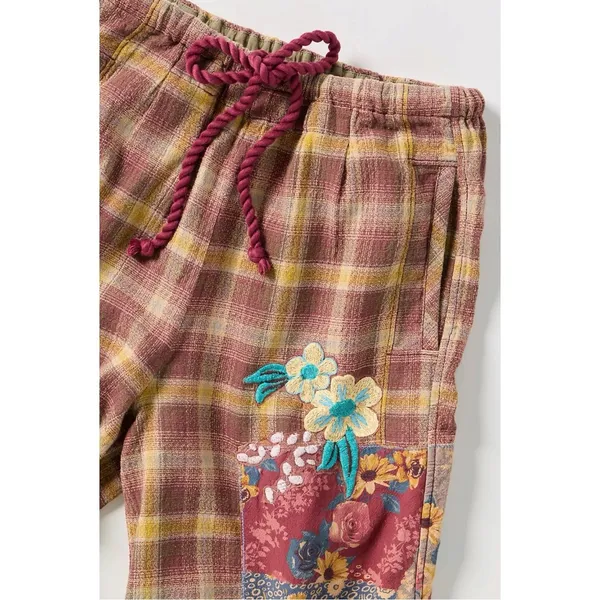 Free People Bohemian Brooks Embroidered Plaid Wide Leg Patchwork Pants Size XL - Image 7
