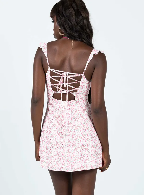Landon Mini Dress Pink Floral Princess Polly laced back mini - Image 3