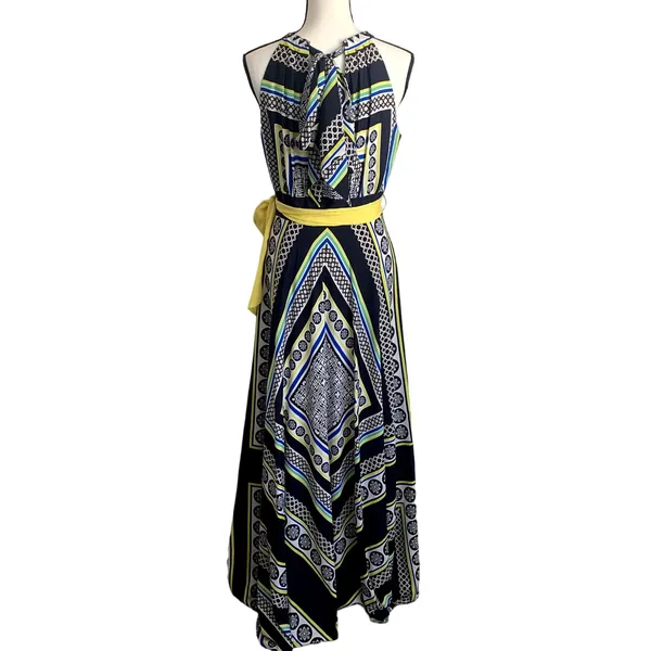 Eliza J Geometric Scarf Print Sleeveless Maxi Dress‎ in Blue/Yellow - Image 2