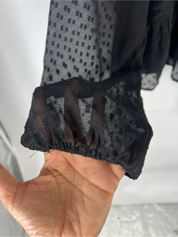 Anthropologie Black Sheer Peplum Blouse Size L Swiss Dot Long Sleeve - Image 5