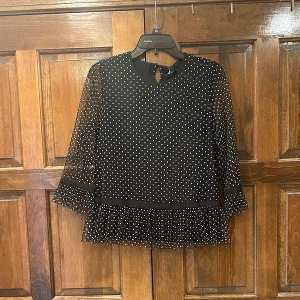 NWT DKNY XS Black Polka Dot Mesh Peplum Blouse Sheer 3/4 Ruffle‎ Sleeve Top - Image 4