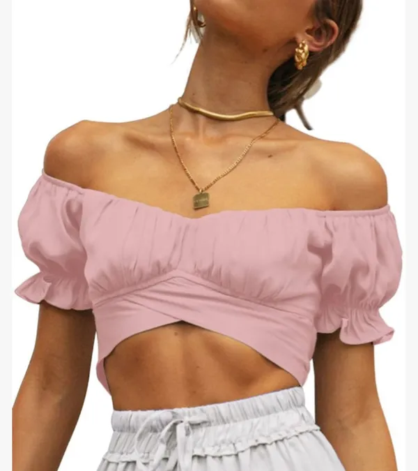 Lyaner Ruffle Short Sleeve Tie Up Back Crop Top Off Shoulder Bardot Blouse - Image 5