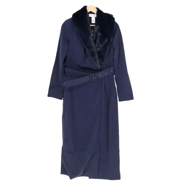 Naked Wardrobe The Statement Trench Coat Womens XS Navy Fur Shawl Collar Stretch - Image 2