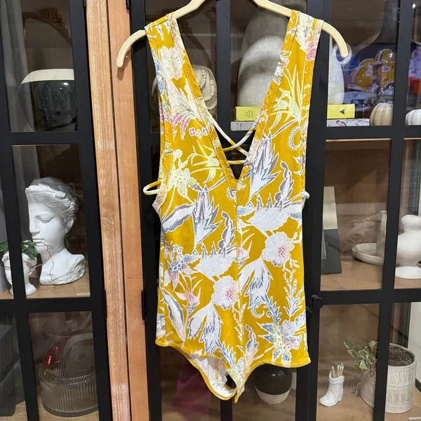 Free People Floral Ribbed Bodysuit plunge vneck sleeveless tank open back sexy - Image 9
