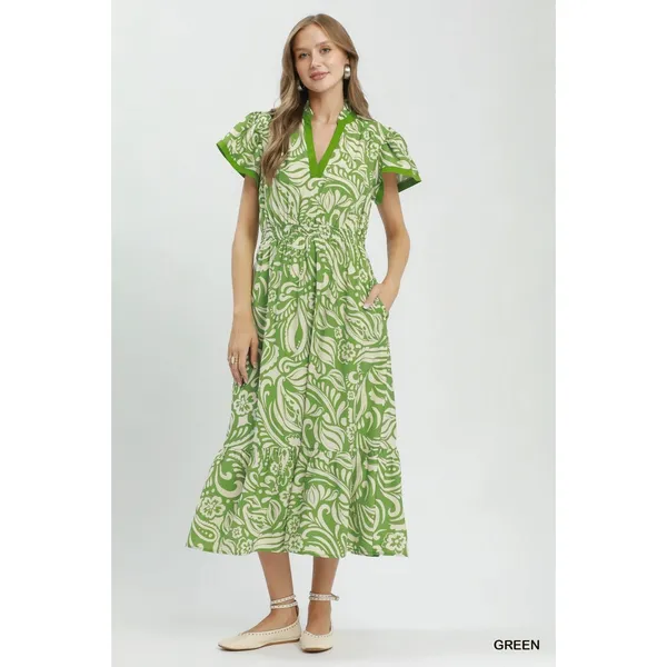 Umgee Paisley Print Midi Dress with Side Pockets - Green - Small - Image 4
