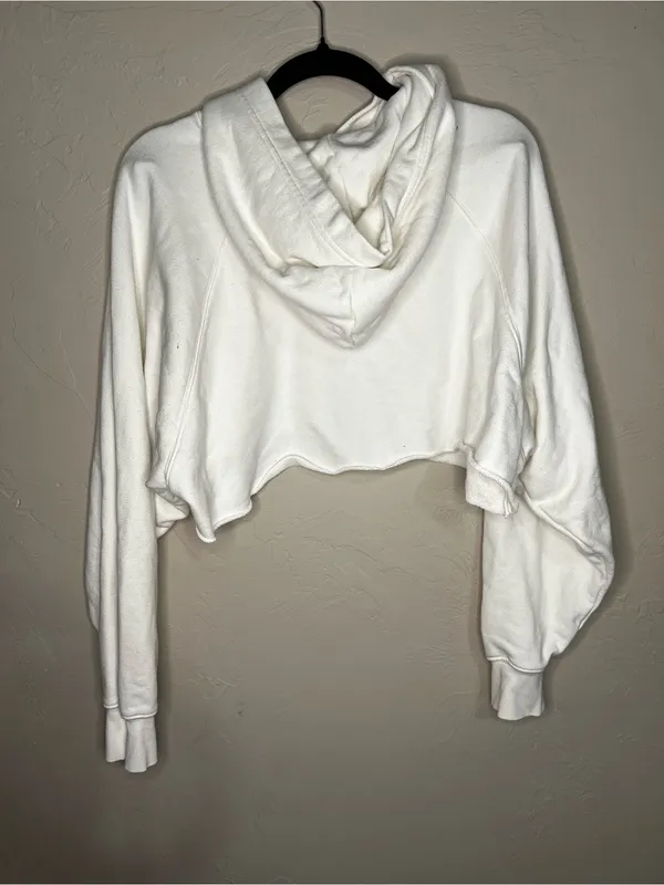 TNA Aritzia Sweatfleece Terry Mega Fit White‎ Cropped Raw Hem Hooded Sweatshirt - Image 8