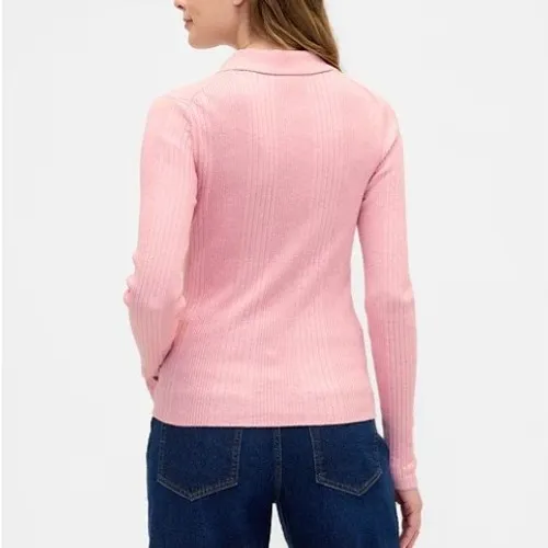 Gap Womens Size Small Ribbed Polo T-Shirt Henley Pink Heather Long Sleeve Ribbed - Image 2