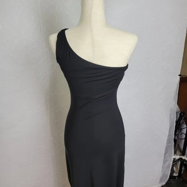 Venus One Shoulder Dress Womens XS Black Midi Hi-Low Hem Stretchy Built in Bra - Image 4