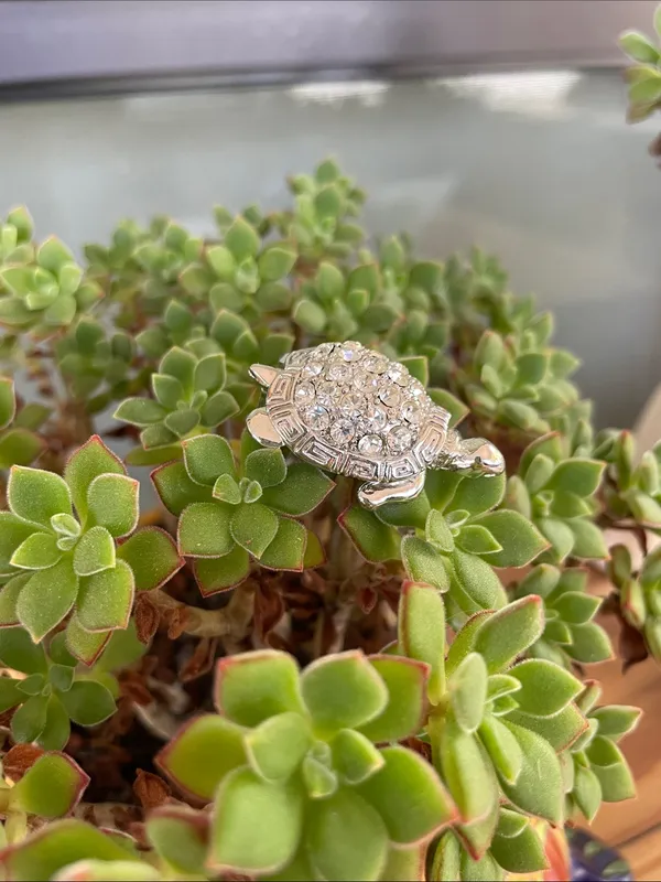 Vintage Silver Tone Turtle Brooch Featuring a Sparkling Rhinestone Shell - Image 2