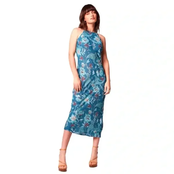 New B.O.G. COLLECTIVE BAND OF THE FREE Teal Floral Sleeveless Midi Dress XS - Image 2