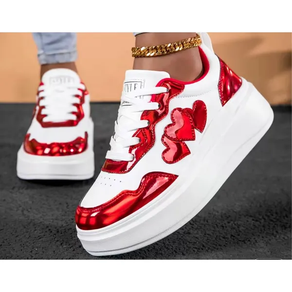 Red Heart Pattern Lightweight Sneakers Cushioned Sole 8 White - Image 2