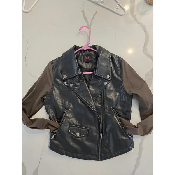 Loft Material Girl Moto Jacket Womens Small Brown Faux Leather Brown Sleeve Biker Zip - Image 5