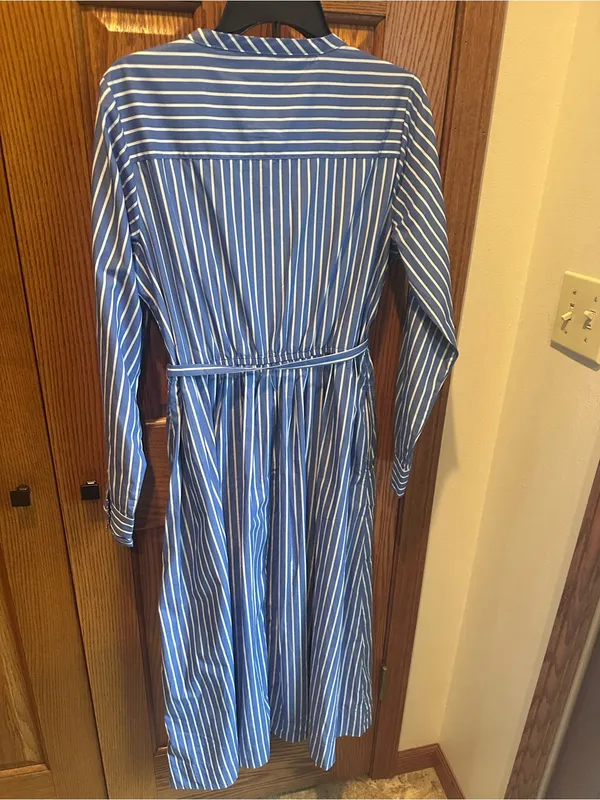 Free Assembly Blue Stripe Pleated Cotton Midi Shirtdress Long Sleeves Sz 12-14 - Image 6