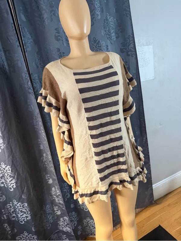 V Cristina Cream & Brown Striped Ruffle Sleeve Tunic - Image 2