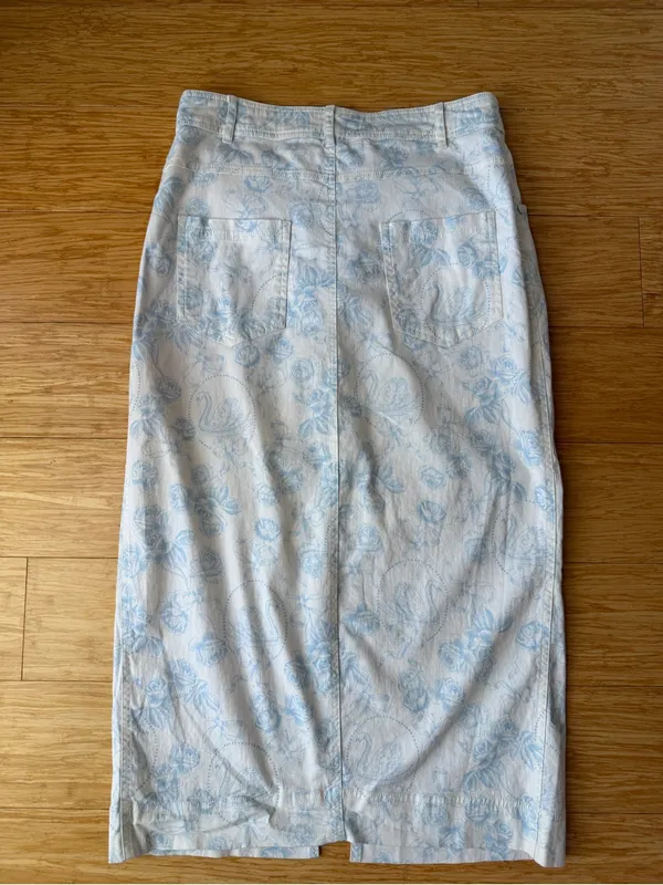 For Love & Lemons Chantal Blue Floral Swan Denim Midi Skirt M - Image 13