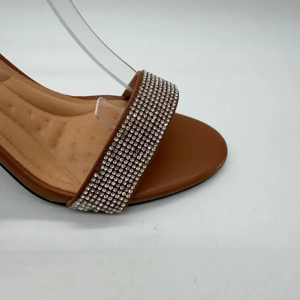 Womens Cognac Brown Rhinestone Ankle Strap Block Heel Sandals Size 9 Dressy - Image 3