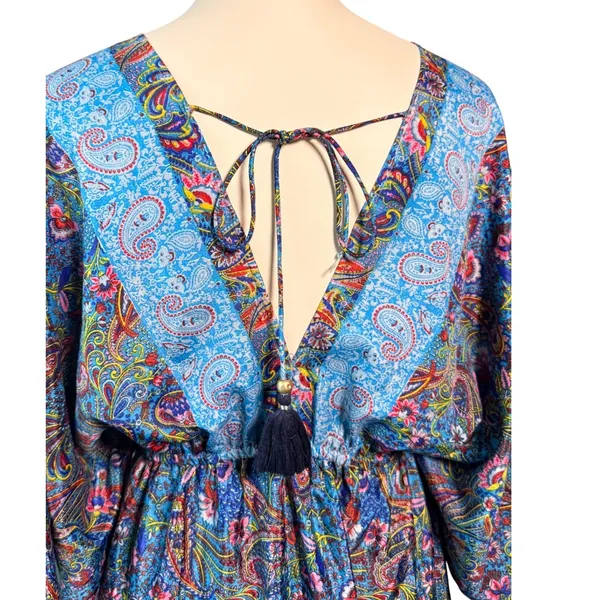 Zury Blue Paisley Silk Blend V-Neck Maxi Dress Ruffle Boho Free Size Kaftan - Image 6