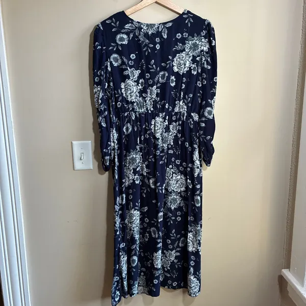 Gap Maternity Floral Midi Dress S Navy Blue Women Rayon Long Sleeve - Image 8