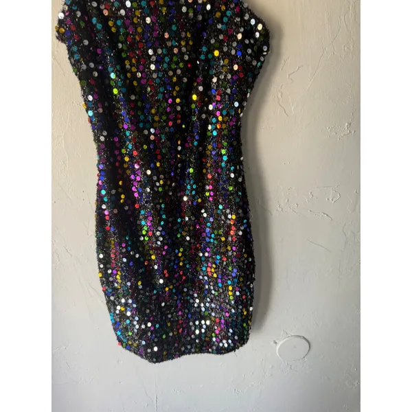 Bear Dance NWT Sparkly Sequin Mini Dress Spaghetti‎ Straps Blk Rainbow Party Clubwear Disco - Image 4