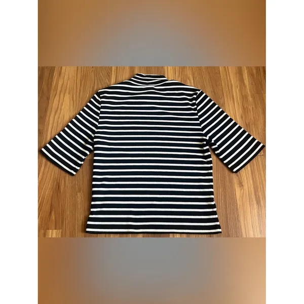 Maeve by Anthropologie Ribbed Mock Neck Striped Top Half Sleeve Black White S - Image 3