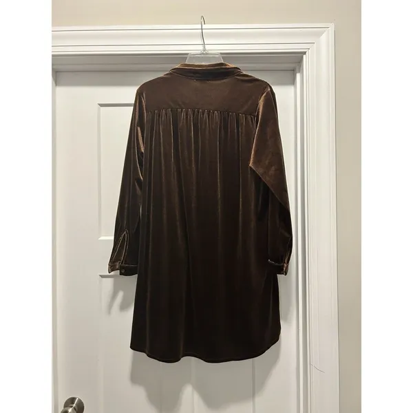 Earthbound Mini Shirt Dress Woman’s Size Small Bronze Brown Velvet Long Sleeve - Image 3