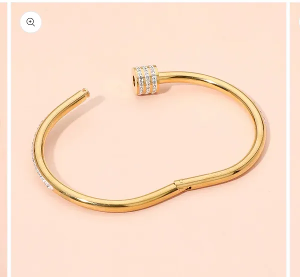 Stainless Steel Stone Accent Hinged Bangle Bracelet Gold - Image 2