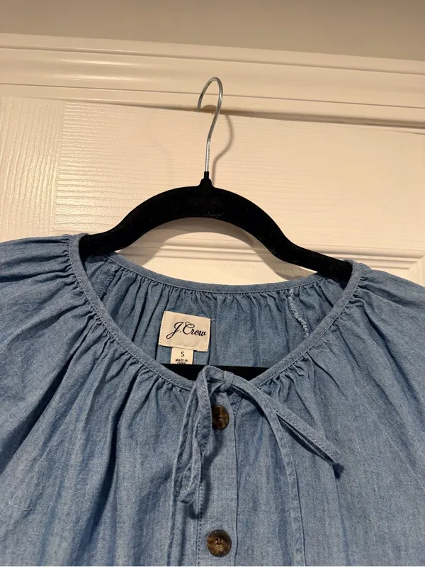 J. Crew Size S Blue Chambray Denim Bow Button Peasant Tie Sleeve Boho Top Blouse - Image 4