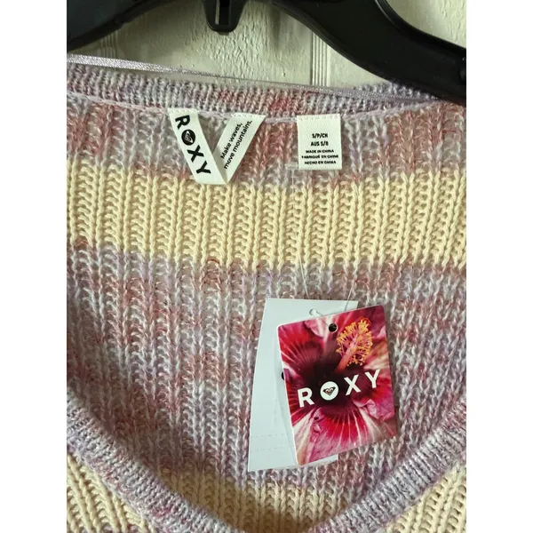Roxy Womens Striped V-Neck Sweater Lavender Cream Orange Knit Size Small NWT - Image 2