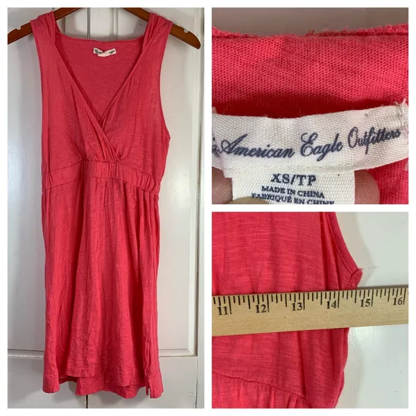 American Eagle‎ Coral Pink Hood Surplice Empire Waist Mini Dress XS Beach Resort - Image 2