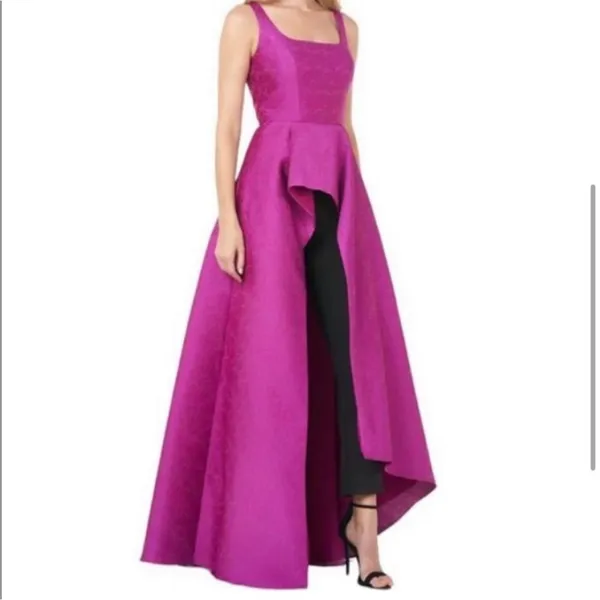 NWT KAY UNGER Jacquard Asymmetric Ruffle Maxi‎ Romper jumpsuit Cerise Sz 8 - Image 3