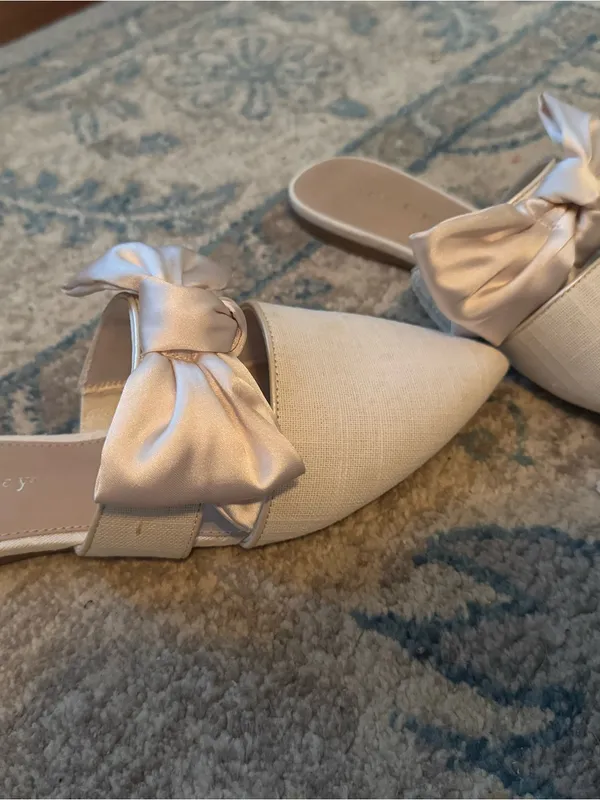 Copper Key Ivory Pointed-Toe Slide Mules with Satin Bow - Image 2