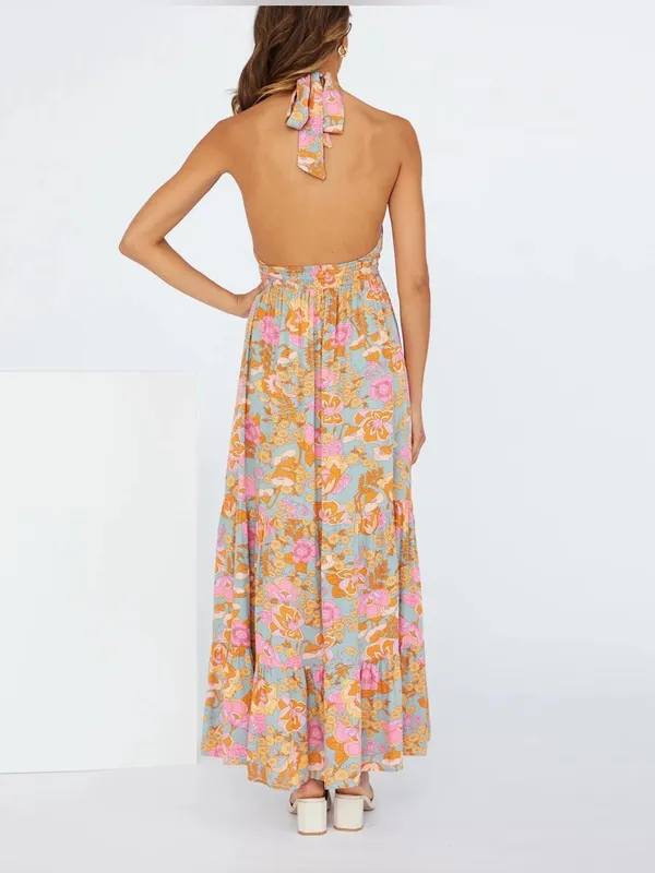 ZESICA Boho Retro Floral Halter Maxi Dress Pink Orange Tiered Sun Dress Large - Image 6