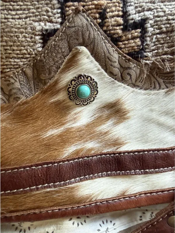 Myra Bag Large Woven Tote Bag with Leather Trim and Turquoise Concho - Image 3