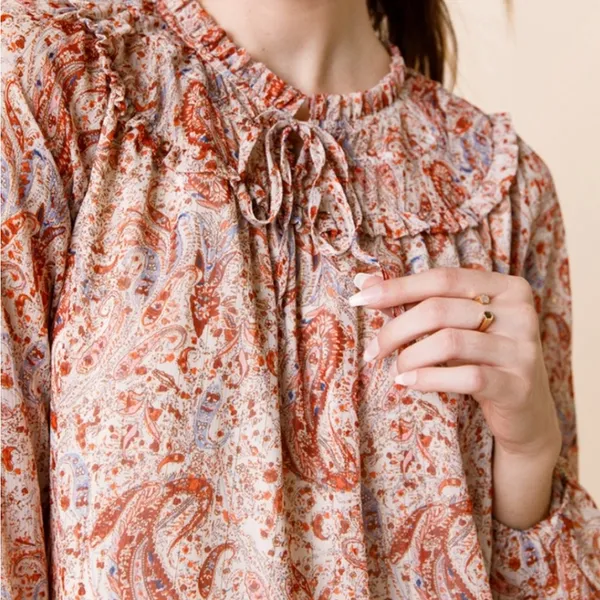 Mi Ami Francesca’s Collection Paisley Print Boho Blouse Size Large Orange - Image 12