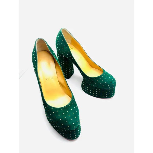 Christian Louboutin Foolish 130 Velvet Studded Platform Pumps Green EU 38 - Image 5