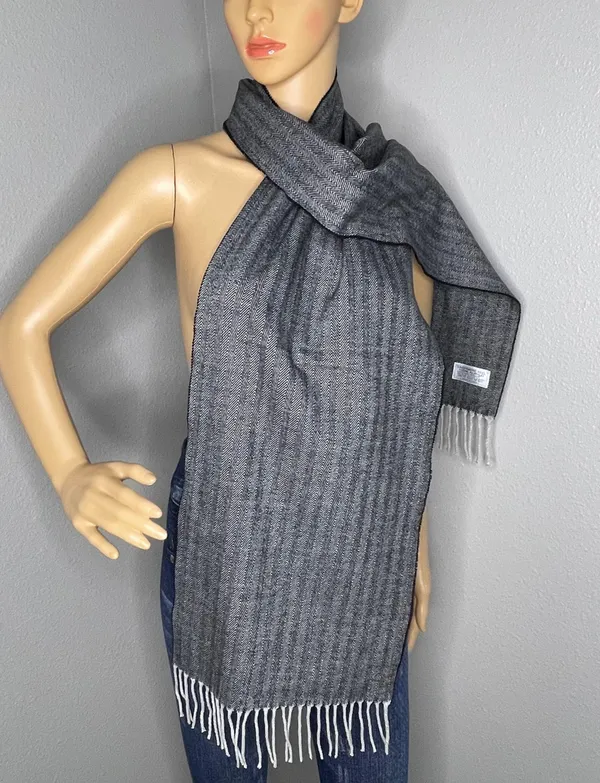 Black and White Herringbone Scarf With Fringe 100% Acrylic - Image 2