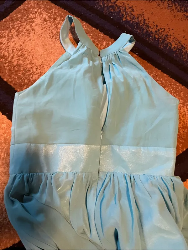 Shimmery Light Blue Midi Dress with Pleated Bodice - Image 3