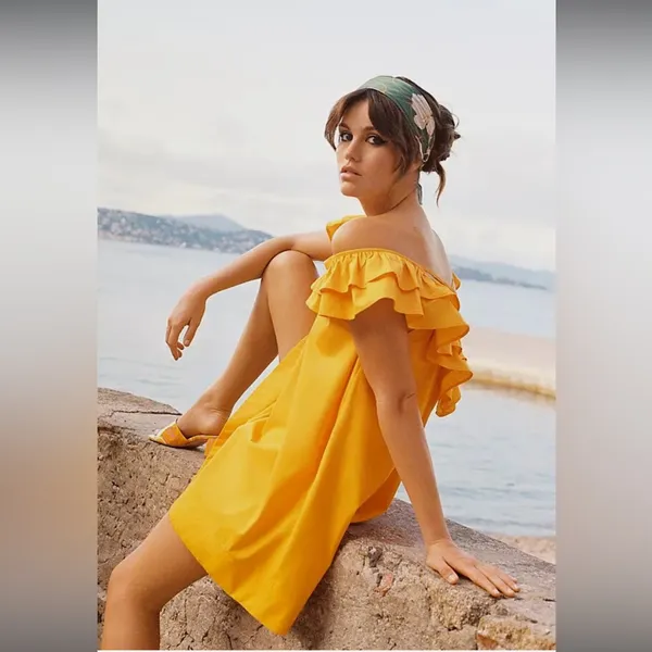Maeve Ruffle Tunica Mini Dress V-Neck A-Line Spring Mango Vacay Resort 🌴💛 - Image 2
